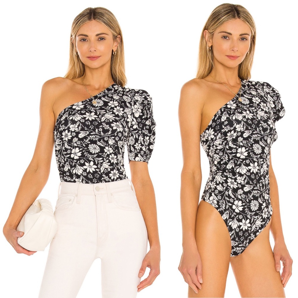 Free People Black and White Floral One-Shoulder Bodysuit